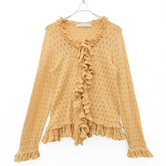 【美品】ピンクハウス★ニットカーディガン はおりもの 薄オレンジ系 透かし編み&フリル♪サテンリボンも♪z23316