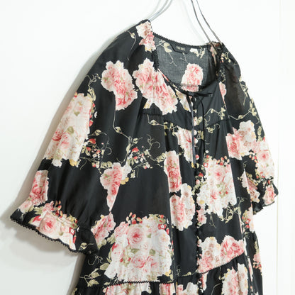 【美品】ピンクハウス★イチゴ&薔薇pt♪半袖ローンワンピース ミニ丈 黒系 前開き サテンリボン♪薄手 z22032