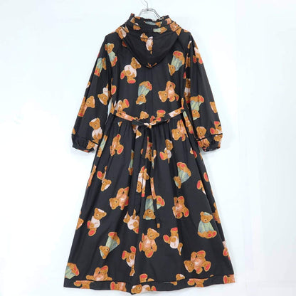 【美品】ピンクハウス★可愛い！セーターくまpt♪フード付きワンピース 黒系 前開き リボン&はしごレース♪薄手 z19593