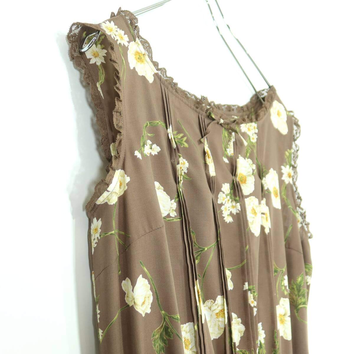 【極美品】インゲボルグ★大人上品！レース使い♪花柄ノースリーブワンピース サイズM ブラウン系 残布有＊ z20068