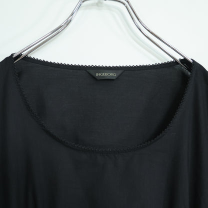 【美品】インゲボルグ★シャーリング♪ふんわりローンワンピース ミニ丈 サイズM 黒系 ピコレース♪無地 薄手 z22041