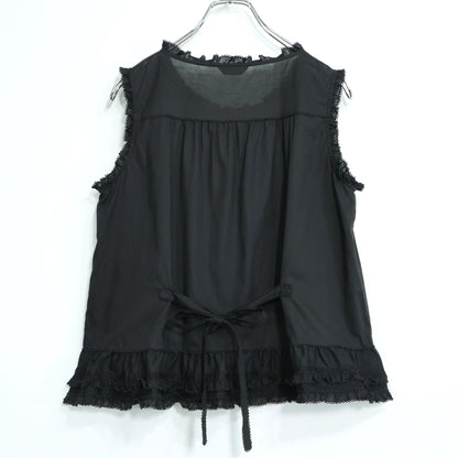【美品】ピンクハウス★リボンいっぱい♪ノースリーブローンブラウス 黒系 前開き 薄手 無地 z22186