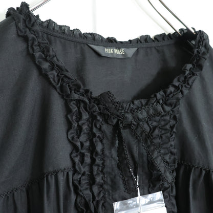 【極美品・紙タグ有】ピンクハウス★フリル使い♪ふんわりローンブラウス リボン 大きいサイズL 黒系 前開き 残布有 無地  z21850