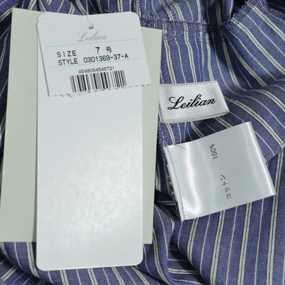 【極美品・紙タグ有】レリアン★涼しげストライプ♪上品なコットンワンピース サイズ7号 紺系 ペチ付 残布有 z22715