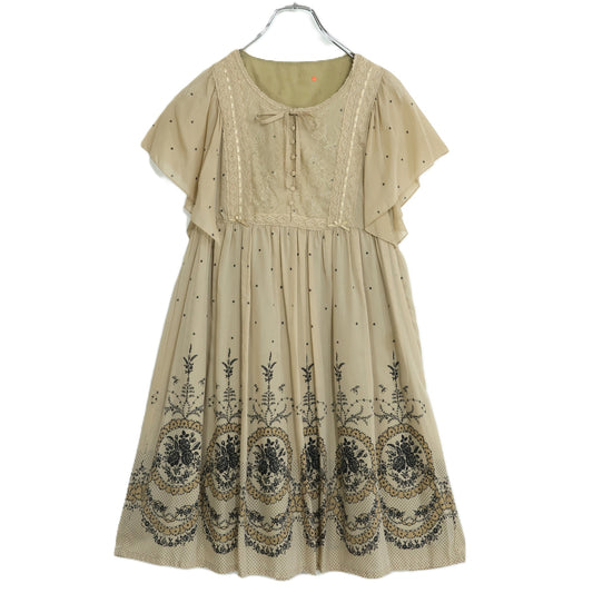 インゲボルグ★チュールレース&はしごレース♪半袖ワンピース モカ系 シフォン&薔薇プリント♪薄手 z23000