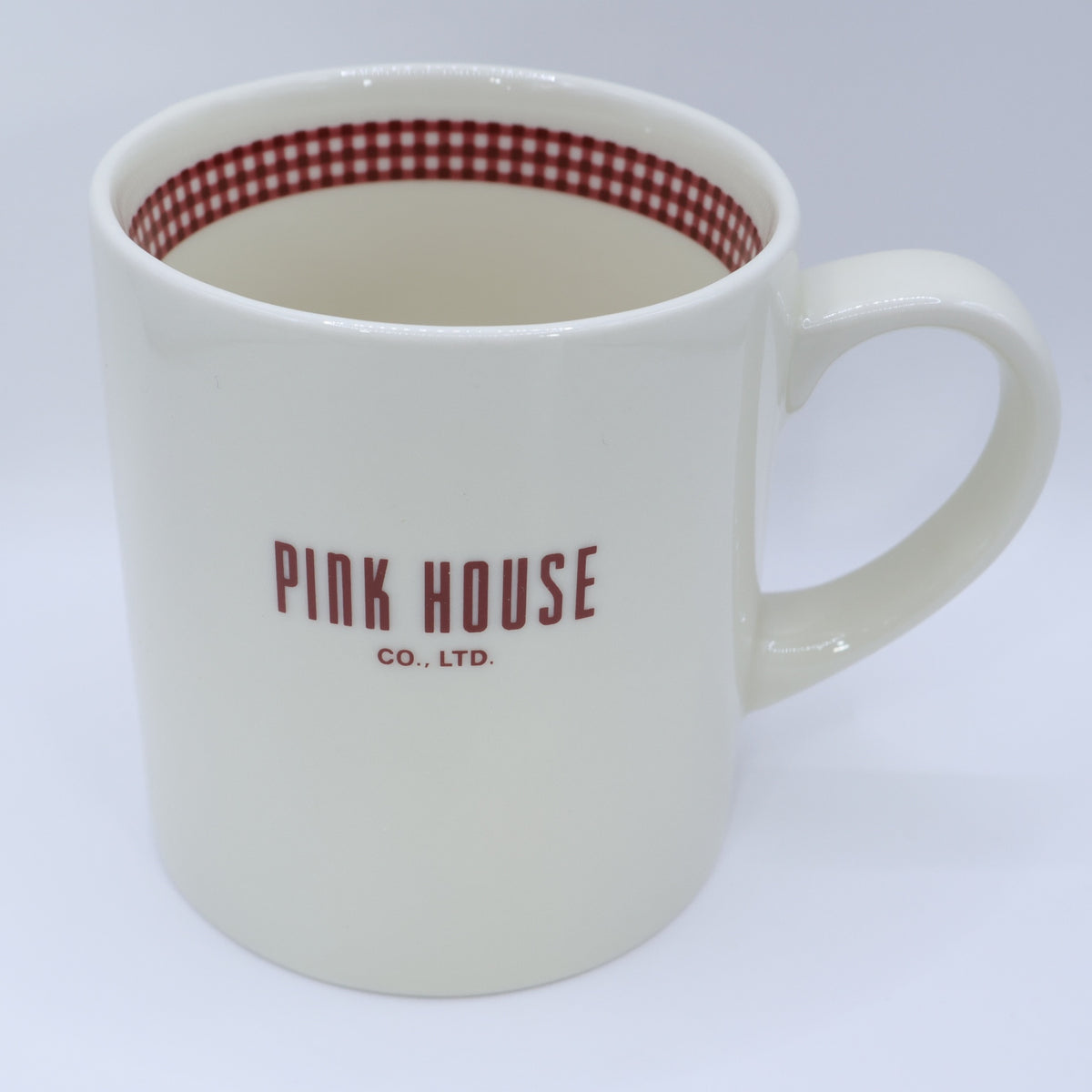 ピンクハウス★チェック柄マグカップ ロゴ入 陶器 コップ  ギンガムチェック アイボリー系 so402