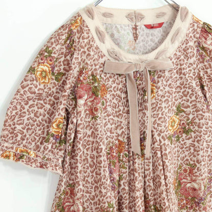 【美品】PINK HOUSE ピンクハウス★レオパード×薔薇フラワープリント♪リボン 半袖チュニック ブラウス ピンク系＊z19615