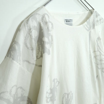 【美品！】SOUSOU ソウソウ★薙刀四角衣 貫頭衣 サイズS 白×グレー系 麻混 フレンチ袖カットソー z22724