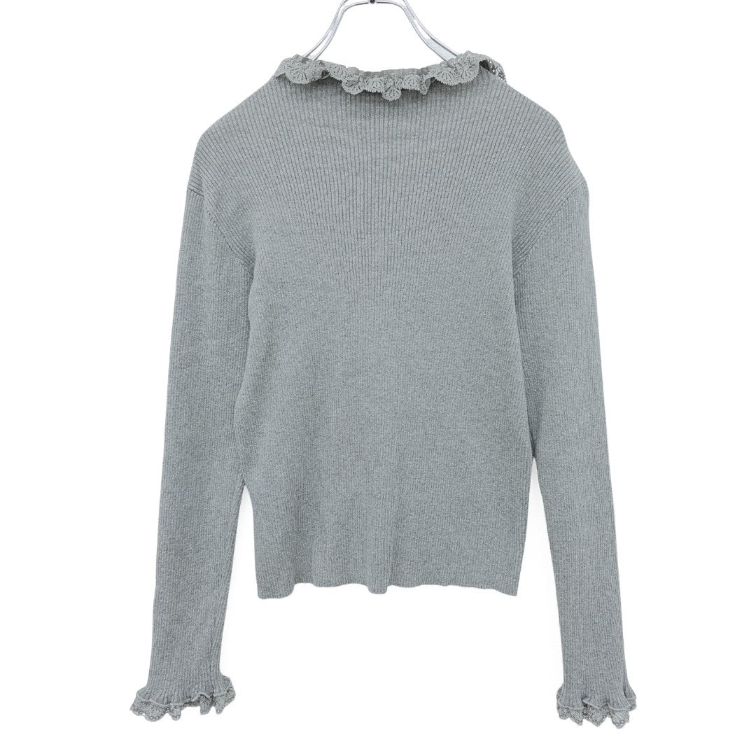 【美品】 ピンクハウス★レースフリル使い♪フリルハイネック リブニット セーター グレー系 z23528