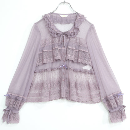 【極美品】ピンクハウス★ドットチュールレース♪長袖ブラウス ラベンダー系 前開き サテンリボンも♪2025年製 z22501