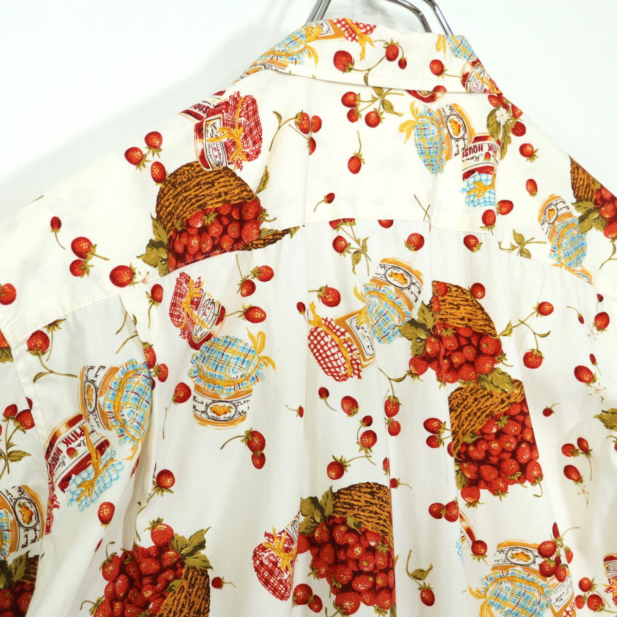 【美品】ピンクハウス★ジャム瓶&かごストロベリーpt♪開襟シャツ ブラウス 大きいサイズＬ クリーム色系 前開き 薄手 z21734