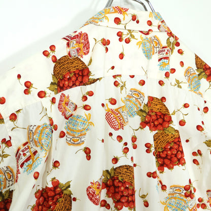 【美品】ピンクハウス★ジャム瓶&かごストロベリーpt♪開襟シャツ ブラウス 大きいサイズＬ クリーム色系 前開き 薄手 z21734