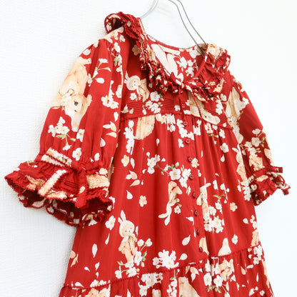 【極美品】ピンクハウス★桜Teddypt♪テディとうさぎの半袖ワンピース 赤系 前開き はしごレース&リボン 薄手 2025年製 z23385