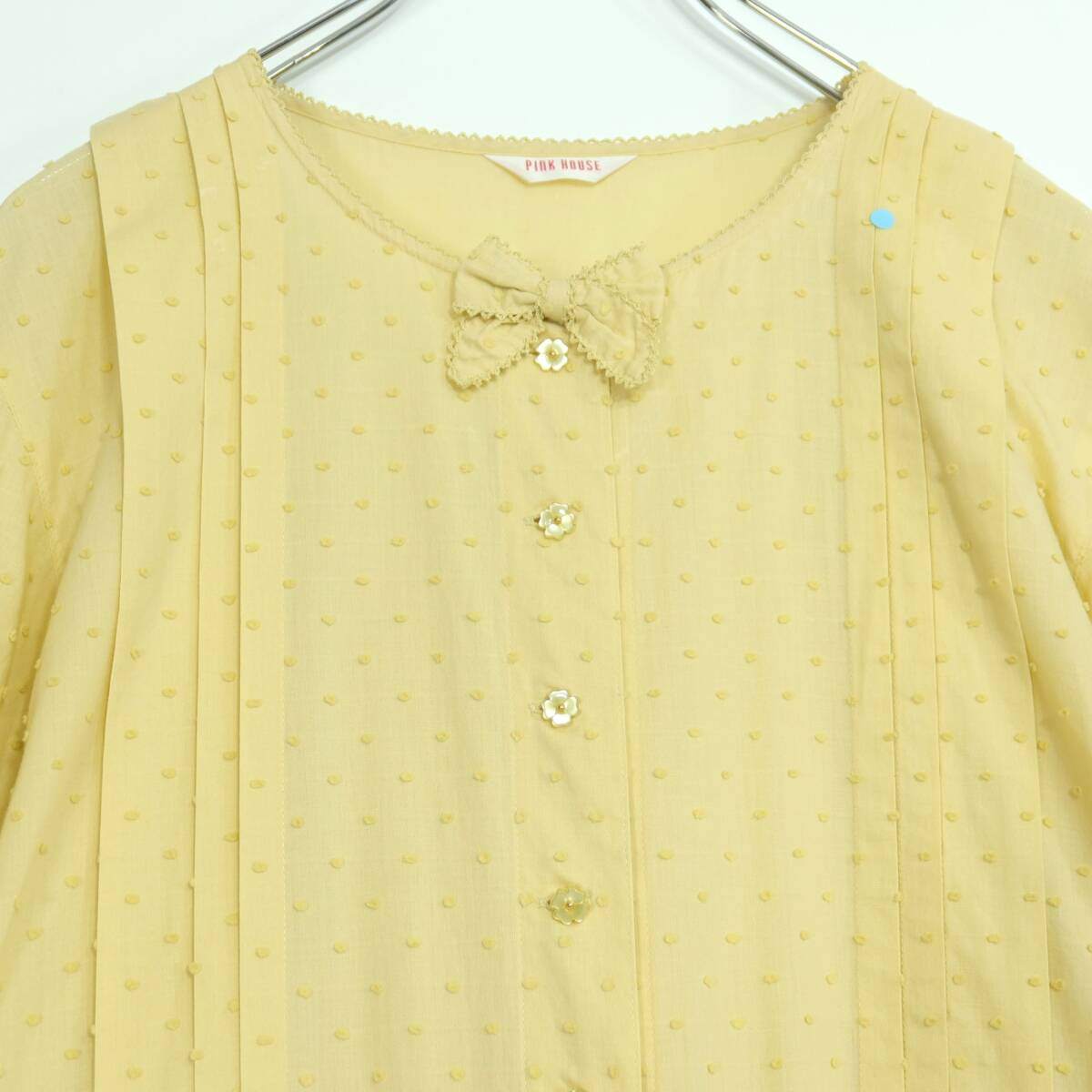 【極美品】ピンクハウス★ドット刺繍♪半袖ローンワンピース イエロー系 前開き ふんわりフォルム♪z20239