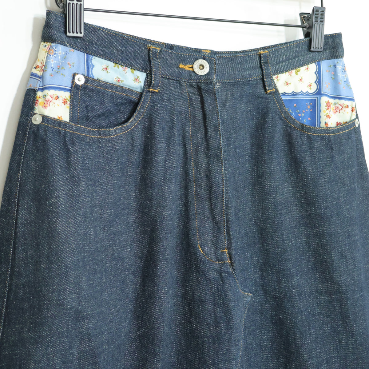 【美品】ピンクハウス★バンダナ柄パッチワーク♪デニムスカート 大きいサイズL 紺系 無地 z23081