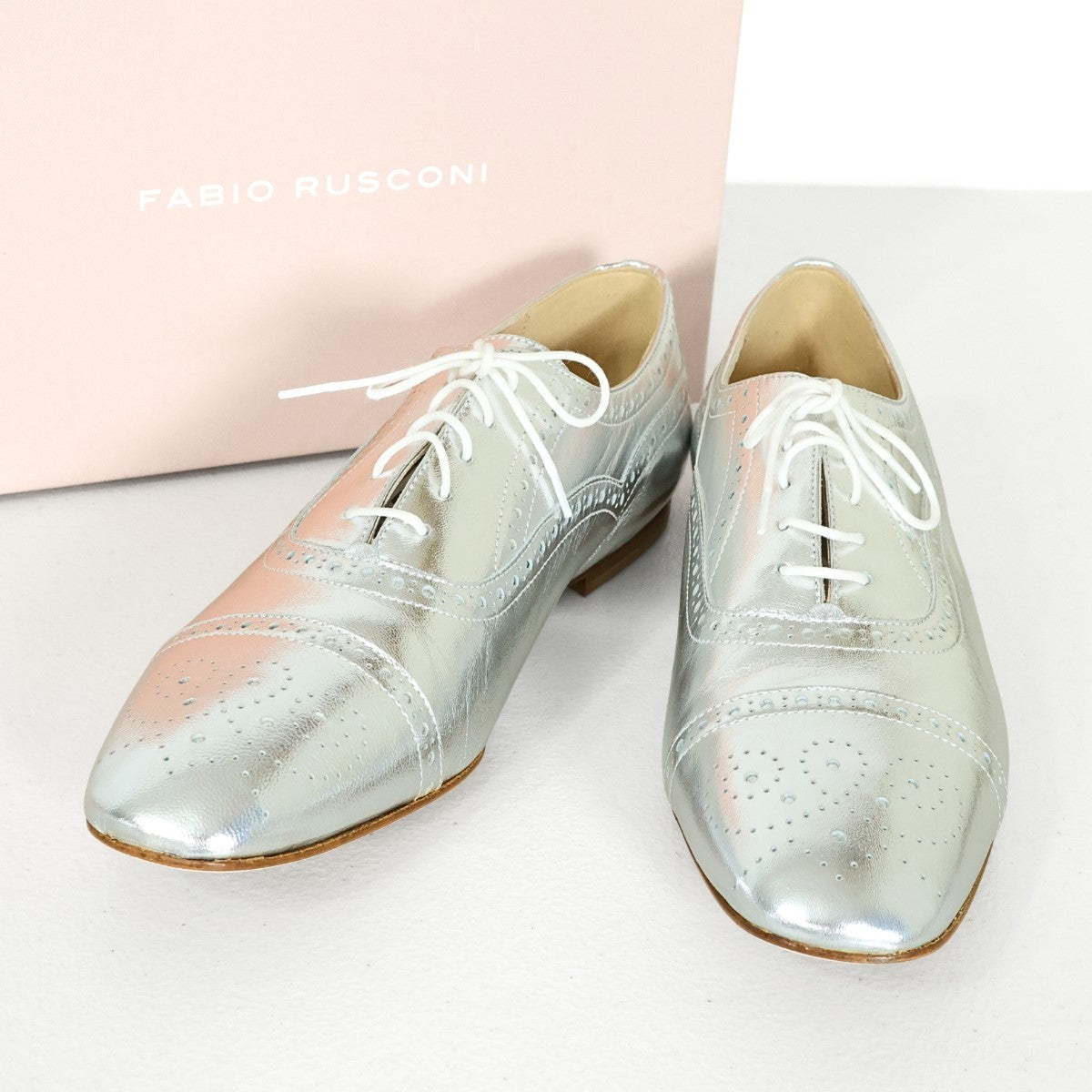 【美品】ファビオルスコーニ★メタリックシルバー♪レースアップシューズ オックスフォードシューズ 大きいサイズ42 /26.5㎝相当*sh216