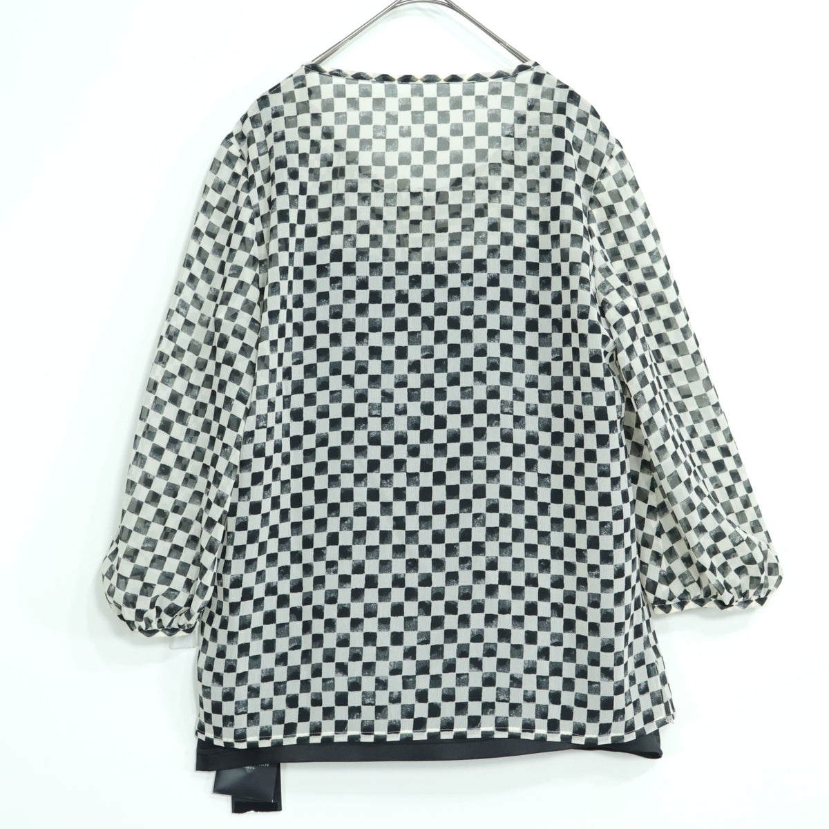 【美品・紙タグ有】アクアスキュータム★シフォン♪七分袖ブラウス&ロングスカート サイズ8 黒×白系 ブロックチェック♪薄手 z22074