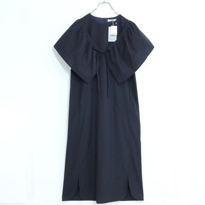 【美品】VIRINA ヴィリーナ★ケープ付き半袖ワンピース サイズXS 濃紺系 ドレープ感たっぷり♪総柄 z19779