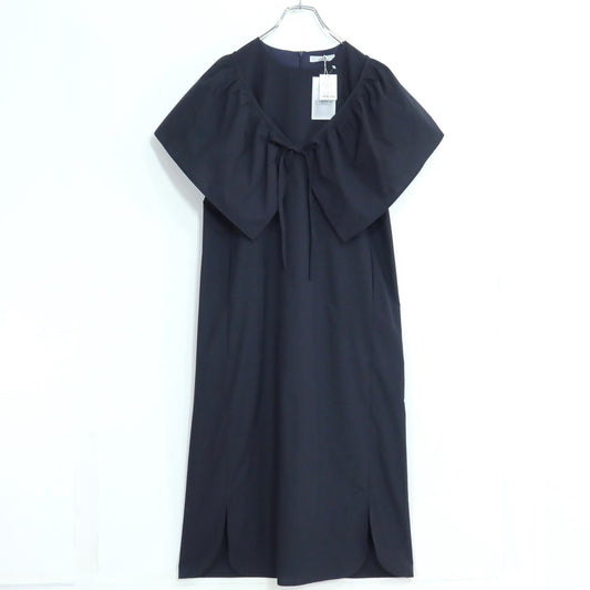 【美品】VIRINA ヴィリーナ★ケープ付き半袖ワンピース サイズXS 濃紺系 ドレープ感たっぷり♪総柄 z19779