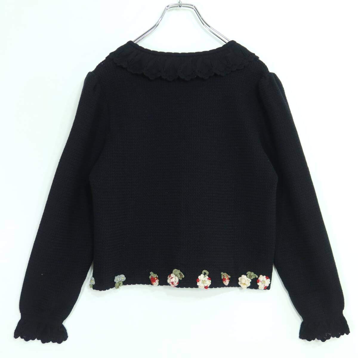 【極美品・紙タグ有】ピンクハウス★イチゴ&お花モチーフ♪長袖カーディガン はおりもの 黒系 レースも♪厚手 z19838