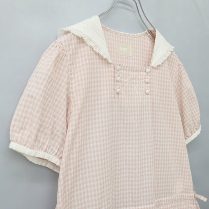 【美品】ピンクハウス★セーラーカラー♪ドビーギンガムワンピース ピンク系 ロゴ刺しゅう♪2023年 z23286