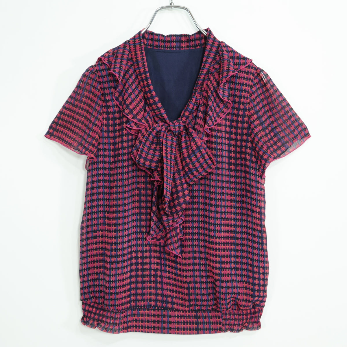 【美品！】MK ミッシェルクラン★幾何学模様が素敵♪半袖カットソー サイズ38(M) ミックス系 ボウタイ z22615
