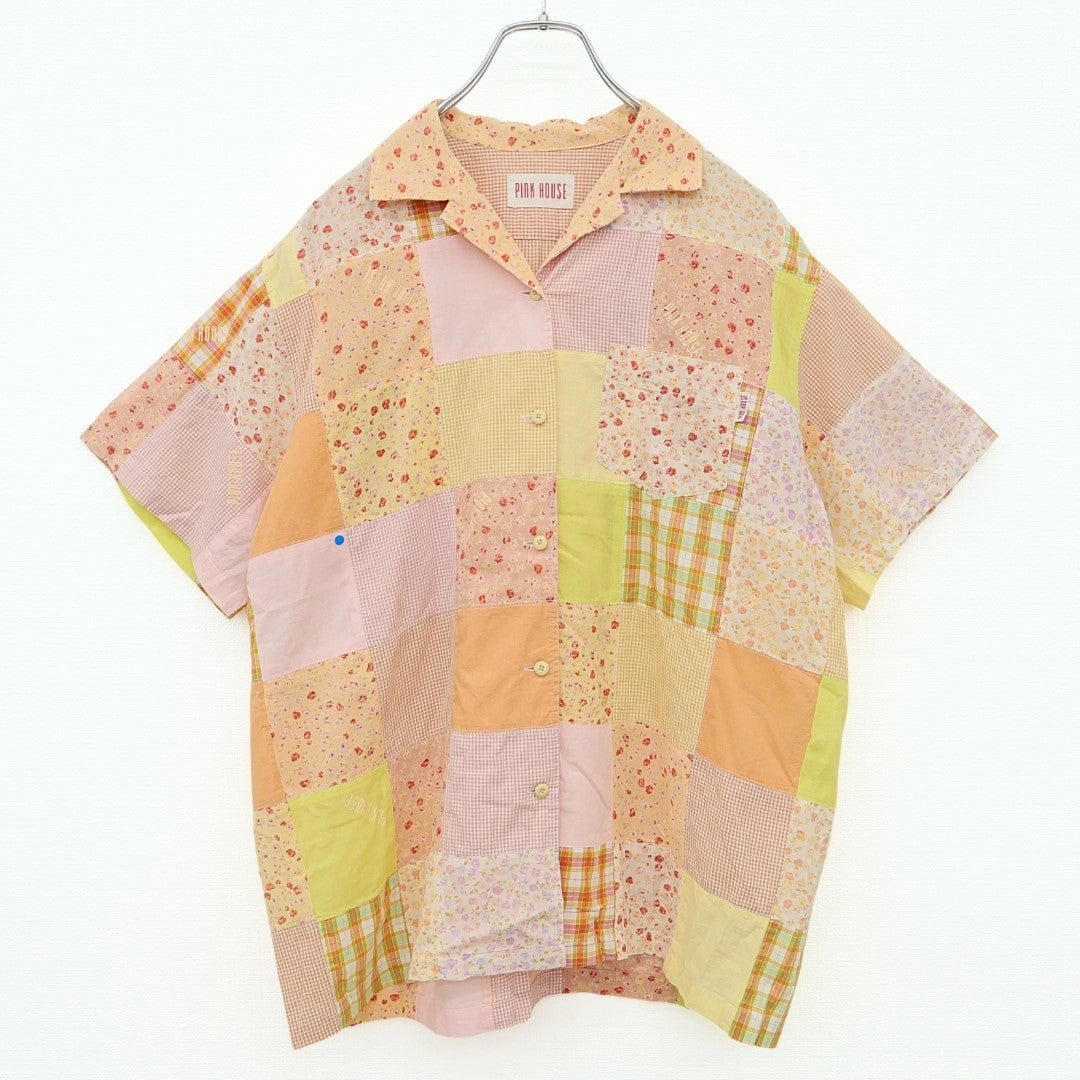 ピンクハウス★総パッチワーク♪開襟シャツ ブラウス ピンク×オレンジ系 前開き オリチェ&ギンガム&花柄♪z23211