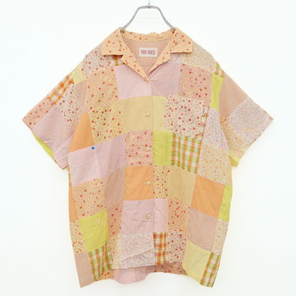 ピンクハウス★総パッチワーク♪開襟シャツ ブラウス ピンク×オレンジ系 前開き オリチェ&ギンガム&花柄♪z23211