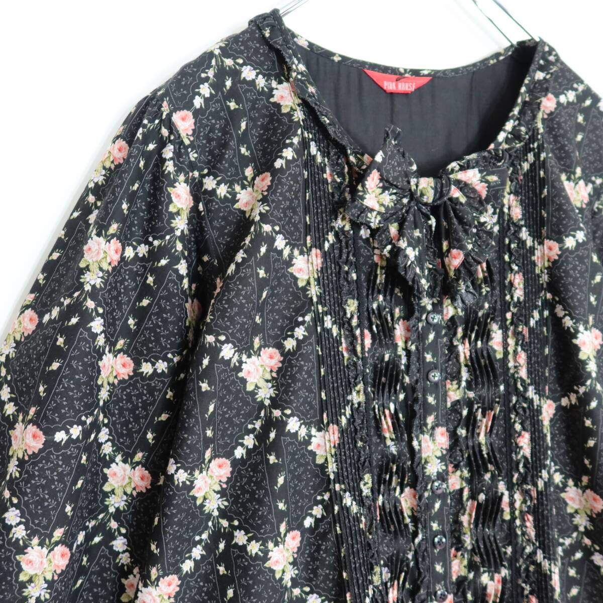 ピンクハウス★薔薇格子pt♪かぶせ段々フリルのローンワンピース 黒系 前開き リボンいっぱい♪z20811