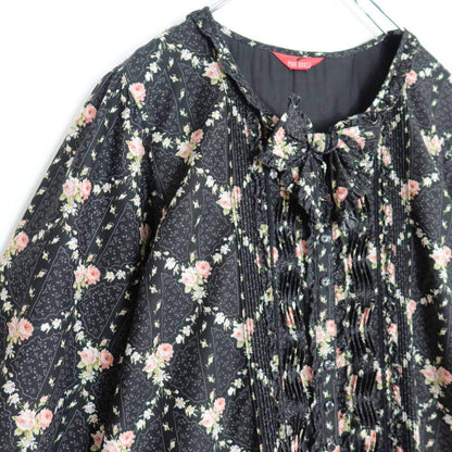 ピンクハウス★薔薇格子pt♪かぶせ段々フリルのローンワンピース 黒系 前開き リボンいっぱい♪z20811