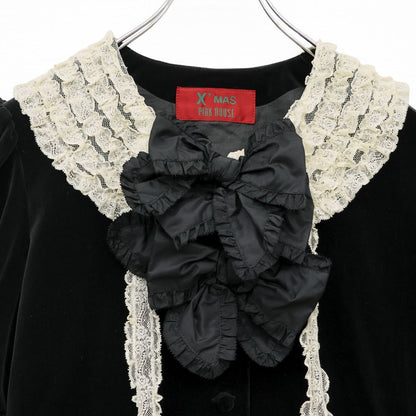 【美品】ピンクハウス★ベルベットX’masドレス ドットチュールレース♪黒ベロアのパフ袖ワンピース  黒系 重ね付けリボン♪厚手 z23244