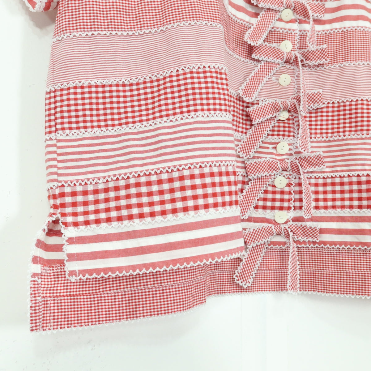 【美品】ワンダフルワールド★ガーリー♪半袖ブラウス ピコレース リボンがいっぱい 前開き ギンガム ボーダー カネコイサオ 赤系 z20126