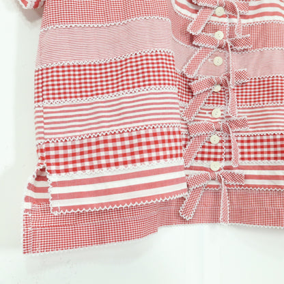 【美品】ワンダフルワールド★ガーリー♪半袖ブラウス ピコレース リボンがいっぱい 前開き ギンガム ボーダー カネコイサオ 赤系 z20126