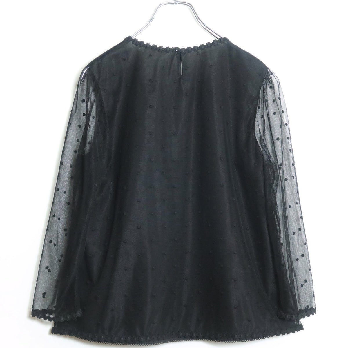 【極美品】ピンクハウス★ドットチュールレースのブラウス 大きいサイズL 黒系 リボン&お花のモチーフ付♪薄手 z18616