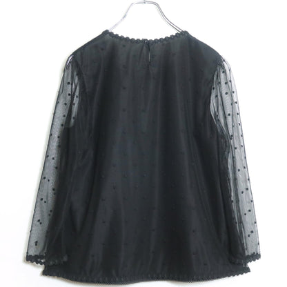 【極美品】ピンクハウス★ドットチュールレースのブラウス 大きいサイズL 黒系 リボン&お花のモチーフ付♪薄手 z18616