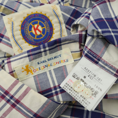 カールヘルム★ワッペン使いが目を惹く♪ チェック柄 半袖ボタンダウンシャツ サイズ4(L) 紺・アイボリー系z23216