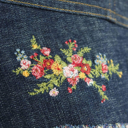 【美品】ピンクハウス★裾パッチワーク♪刺繍付きデニムスカート 大きいサイズL 濃紺系 オリチェ&花柄♪厚手 z19855