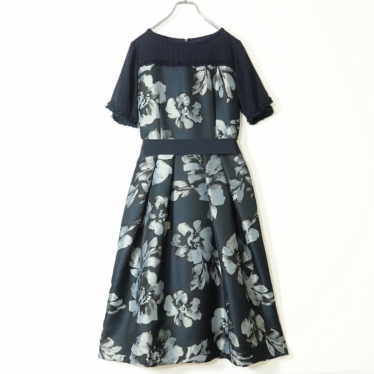 【極美品】INGEBORG インゲボルグ★エレガント 花柄ワンピース 3(M/9号) ネイビー ドットレース フレア  ＊z11337