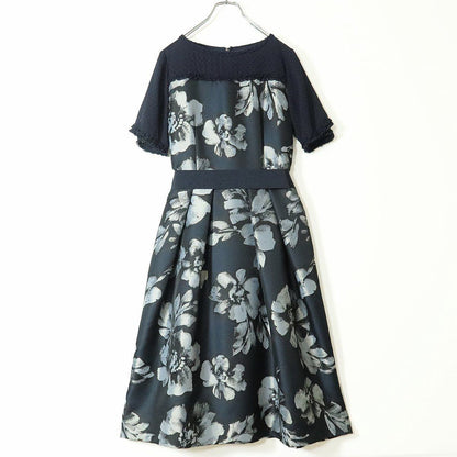 【極美品】INGEBORG インゲボルグ★エレガント 花柄ワンピース 3(M/9号) ネイビー ドットレース フレア  ＊z11337
