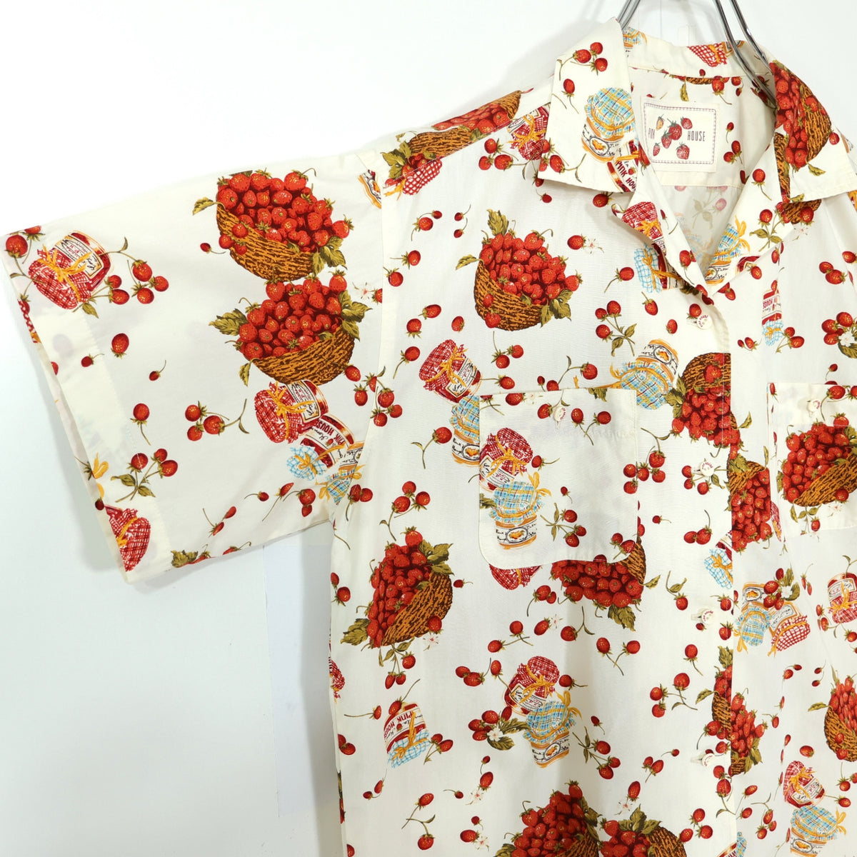 【美品】ピンクハウス★ジャム瓶&かごストロベリーpt♪開襟シャツ ブラウス 大きいサイズＬ クリーム色系 前開き 薄手 z21734