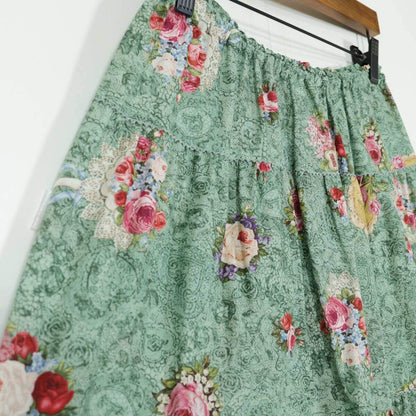 【美品！】ピンクハウス★勿忘草・薔薇・鈴蘭のブーケptが素敵♪ 刺繍付レース裾のレースフラワー柄ローンスカート グリーン系 z21370