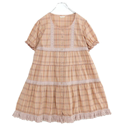 【美品】ピンクハウス★オリチェpt&ニットレース♪チュニックブラウス オレンジ系 前開き パフ袖♪薄手 z19617