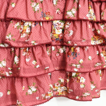 【美品】ピンクハウス★かぶせ段々フリル♪ドットと花柄のふんわりブラウス 赤紫系 ピコレース&リボン♪薄手 z21087