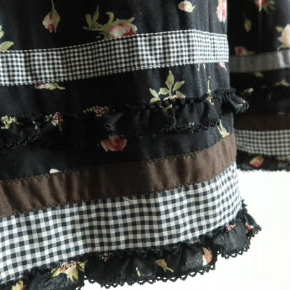 【美品】ピンクハウス★ギンガムパッチワーク♪ローンチュニックブラウス 黒系 薔薇pt♪薄手 z18327