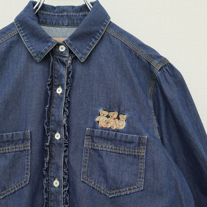 ピンクハウス★くま刺繍とフリル使いが可愛い♪ デニム 長袖シャツ サイズL 青系 z23218
