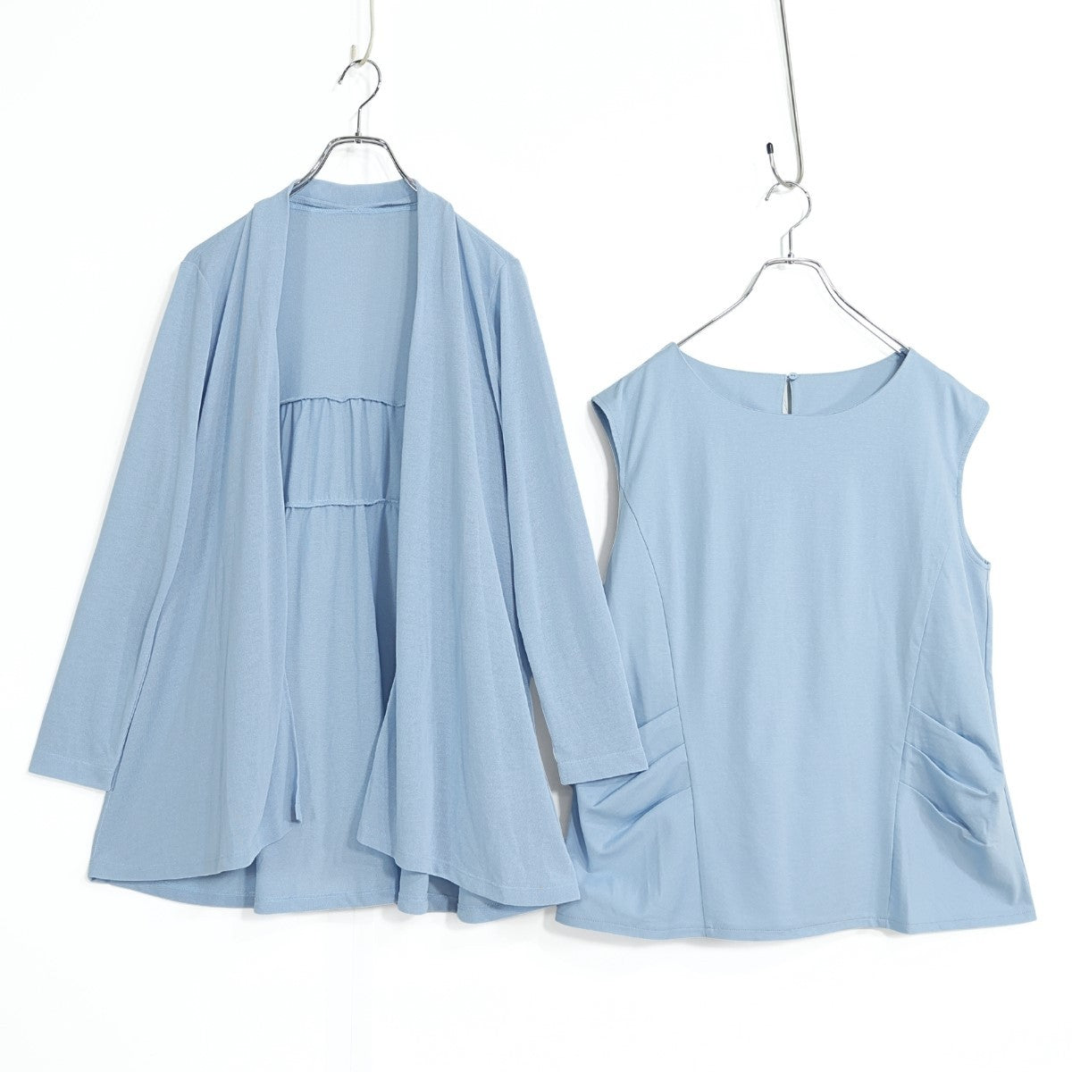 【美品】Bon Sens ボンサンス★トップス二点セット カーディガン&カットソー  大きいサイズ44 水色系 無地 薄手 z22386