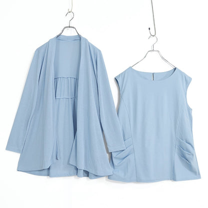 【美品】Bon Sens ボンサンス★トップス二点セット カーディガン&カットソー  大きいサイズ44 水色系 無地 薄手 z22386