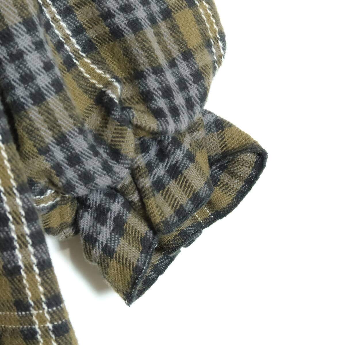 【美品】ピンクハウス ★可愛い！チェック柄ワンピース  長袖 ネル フリル襟 ゆったり フォルム　緑 グレー系＊ z15094