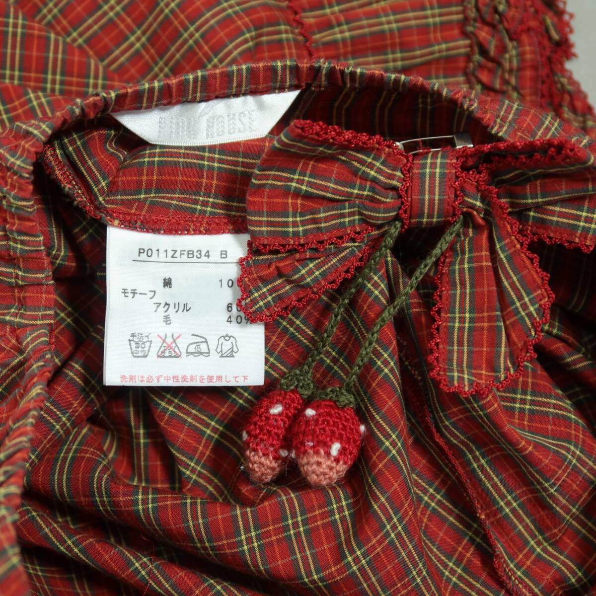 【美品】ピンクハウス★イチゴ刺繍オリチェpt♪ローンブラウス 赤系 揺れるイチゴとリボンのコサージュ付♪薄手 z19631