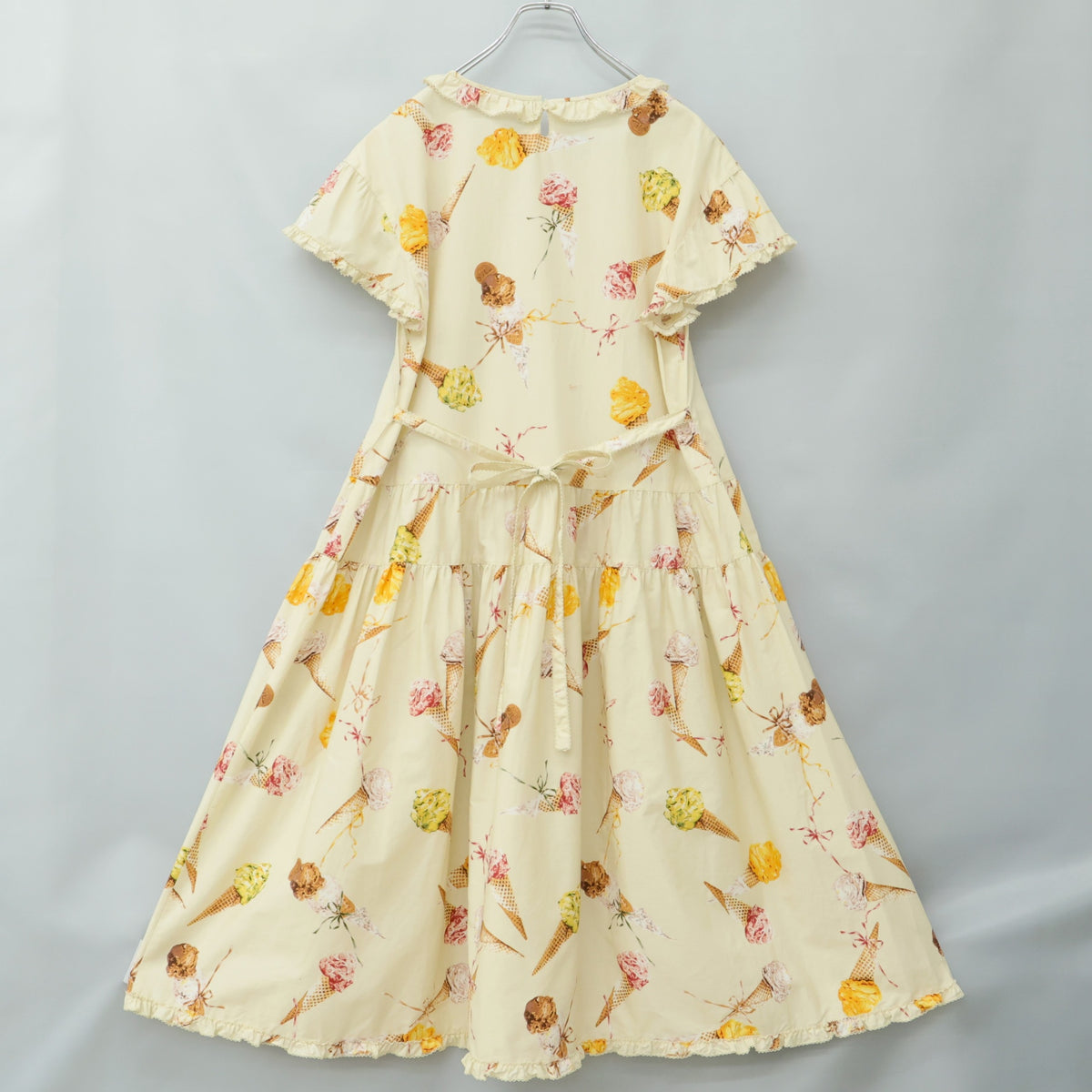 【美品】ピンクハウス★アイスクリームpt♪ふんわり半袖ワンピース 薄黄色系 フリル&リボン♪薄手 z23281